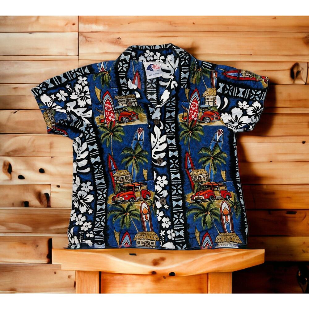 Nui Nalu Hawaii Short Sleeve Surfing Print Shirt Hawaiian Size 3 Blue‎ Floral
